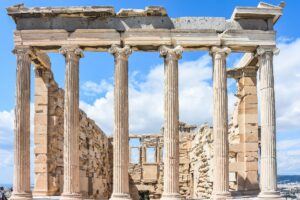 The ruins of the Acropolis, located in Greece, the home of the ancient Greek philosophers and scholars.