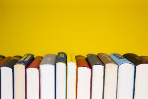 A row of books, all resting on their side, showing the base of the books and the colourful spines .