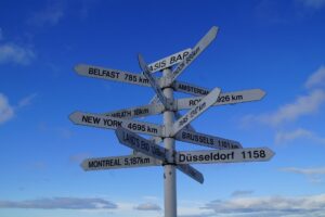 A signpost pointing to multiple cities across the world with the distance to travel to get there.