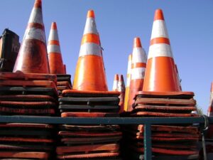 Stacks of orange traffic cones