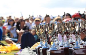 A collection of trophies in the foreground, with a crowd of people, slightly out of focus, in the background