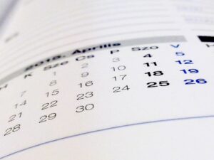 An open diary, showing some of the dates in a month