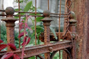 A rusty fence obstructing the way to greenery beyond.