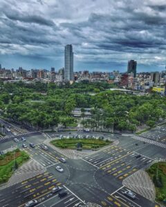 A busy crossroads in a city