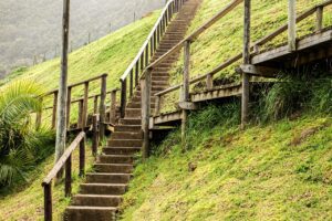 Two sets of stone steps with wooden handrails crossing on the side of a hill. The image represents choices and having to decide which direction to take.