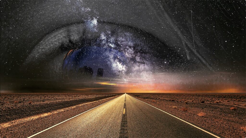 A fantasy picture of a road disappearing into the horizon, a starry sky expanding infinitely, with the vague shape of a human eye appearing in the stars
