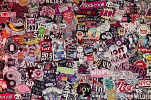 A collage of advertising stickers in many, many colours