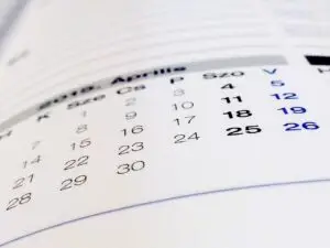 A calendar showing the dates for one month